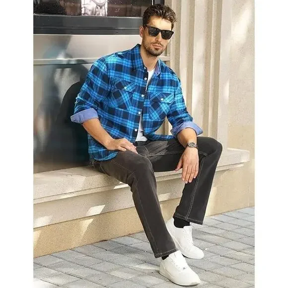 MAGNIVIT Flannel Shirt for Men Cotton Long Sleeve Plaid Shirt Lightweight Button - Picture 4 of 4